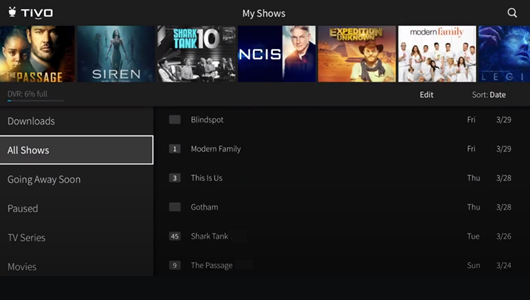 TiVo Stream My Shows screen.